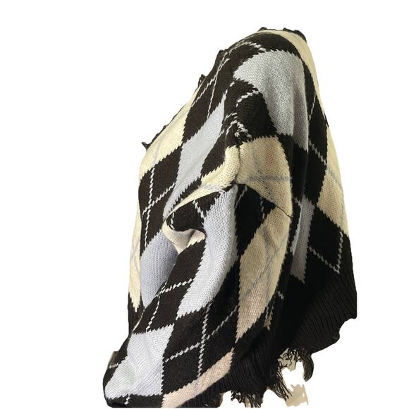 Just Polly Junior nit Argyle Knit Crop Sweater Distressed Fringe L - Picture 2 of 5